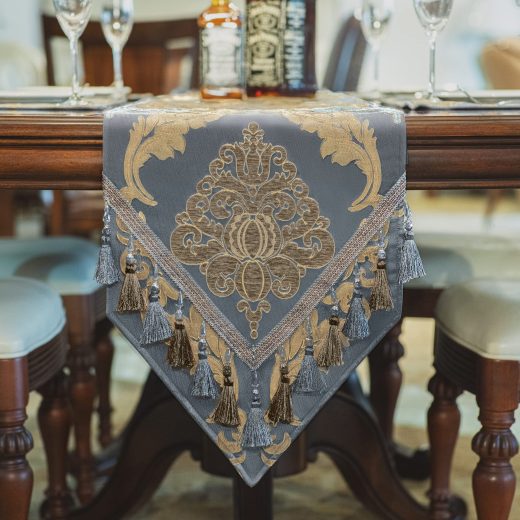 TOPLUXE luxury grey blue table runner Luxury Grey Blue Table Runner with Tassels